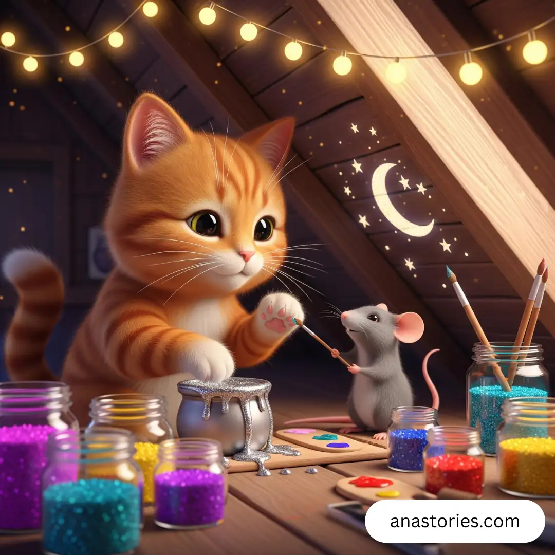 Cat and rat painting stars in attic, gentle whimsical art showing friendship and creativity together.