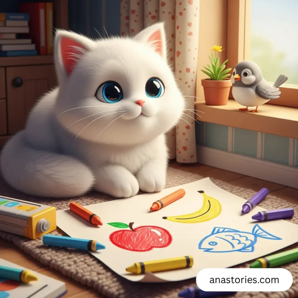 White cat with blue eyes drawing food, friendship, creativity, children's story, hungry cat adventure.