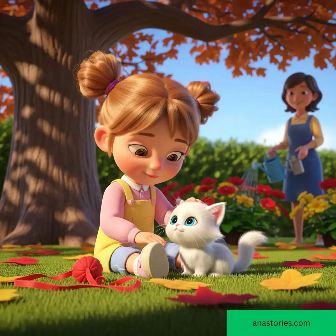 Little girl with kitten in backyard, gentle bonding, red ribbon toy, warm sunlight, autumn leaves.
