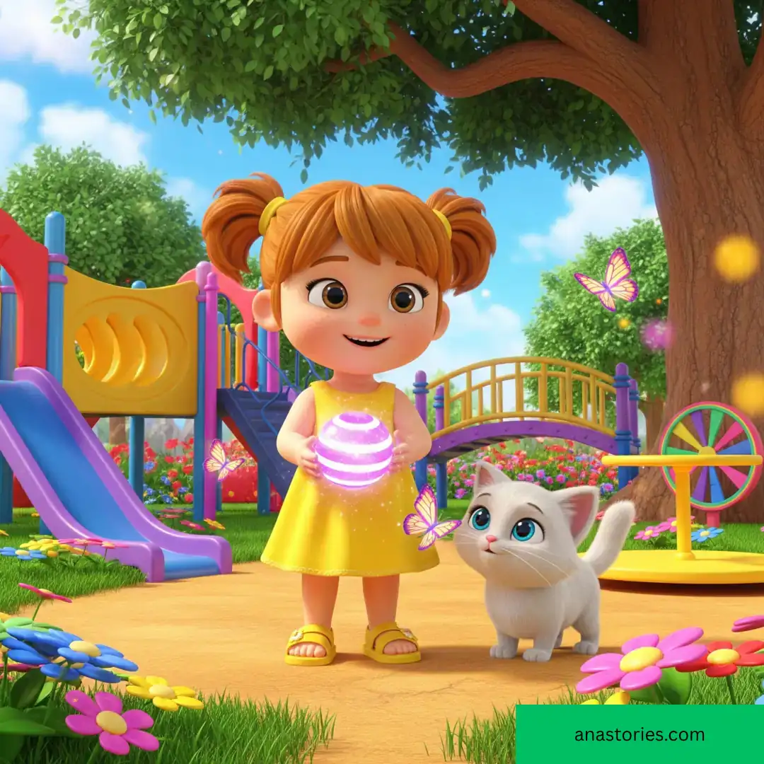 Magical playground scene with girl, kitten, rainbow butterflies, and glowing striped magic ball.
