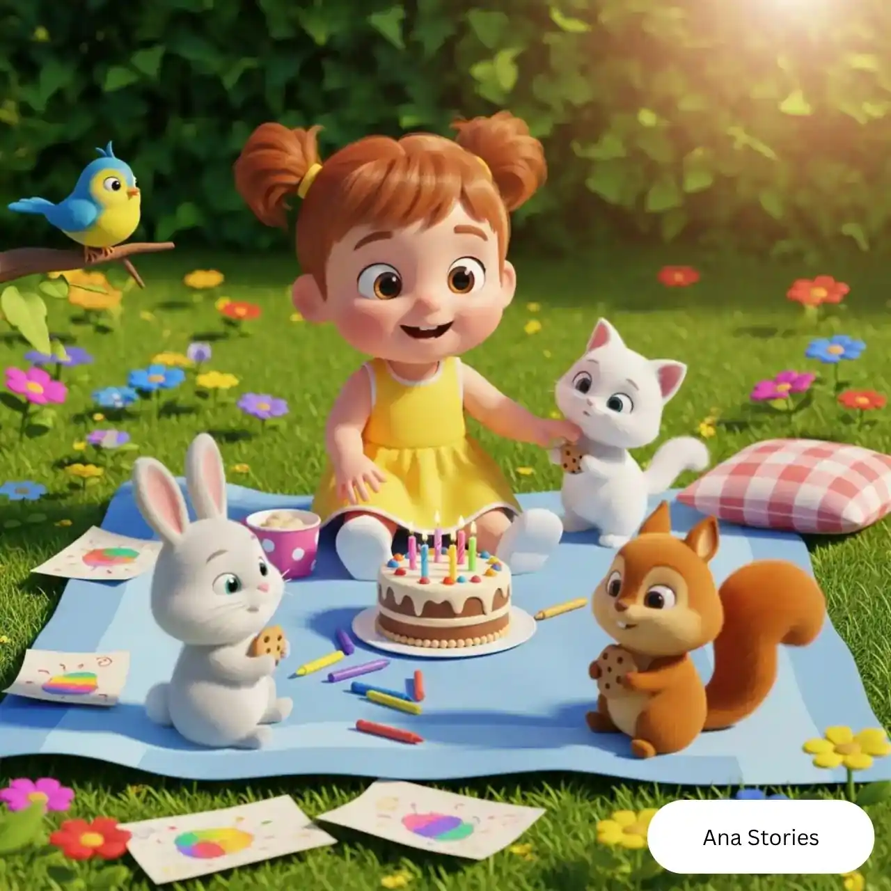 Whimsical cat and crow making birthday crown for girl under tree – friendship and birthday surprise