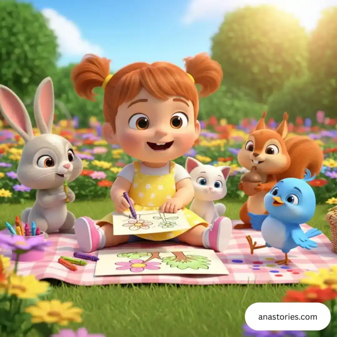 Ana’s sunny garden picnic with cat, bunny, squirrel, bird, and drawing fun – kids story scene