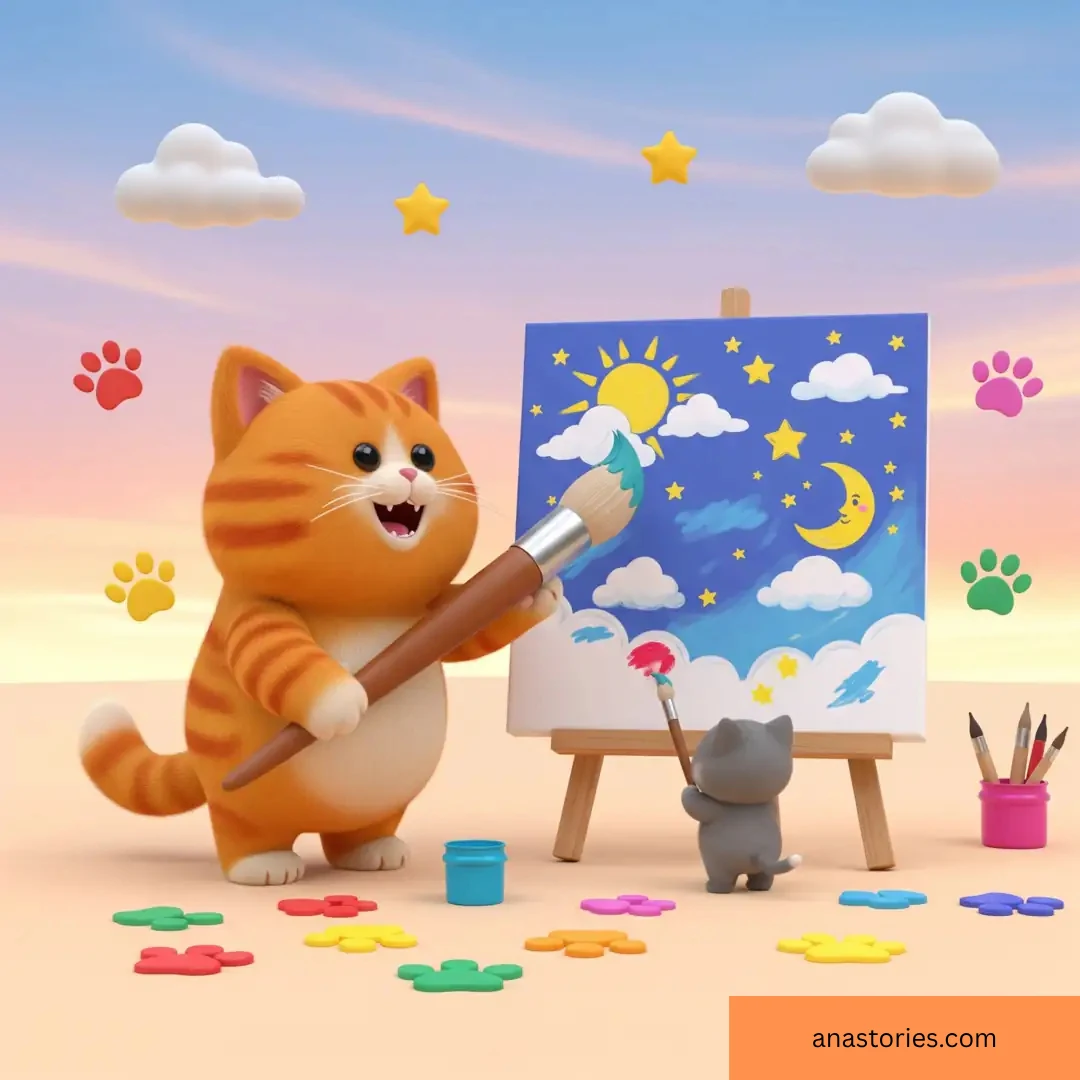 Big cat and little cat painting sky with stars, moon, and sun in a whimsical friendship story scene.