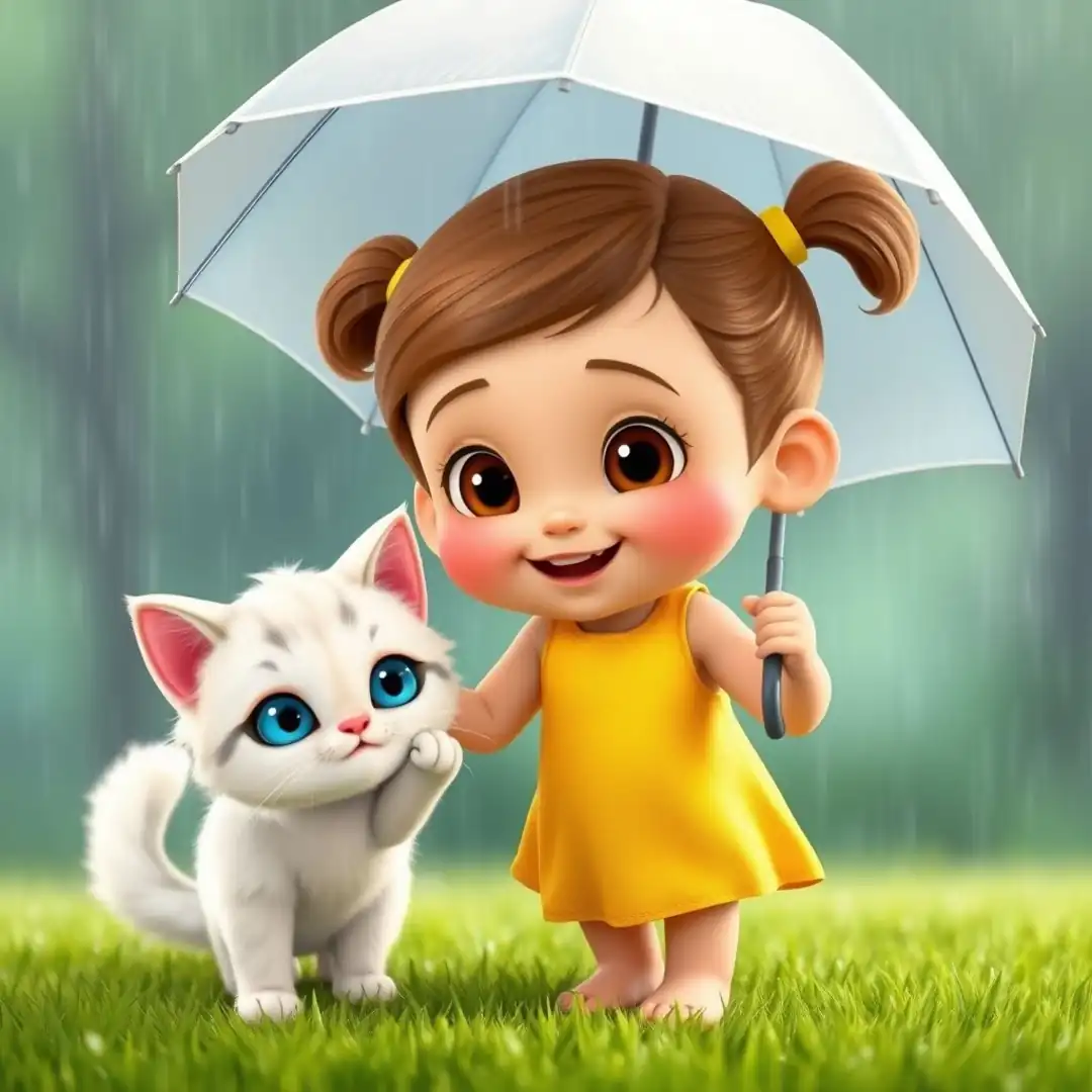Young girl rescues fluffy kitten in rain with red umbrella – heartwarming friendship story scene.
