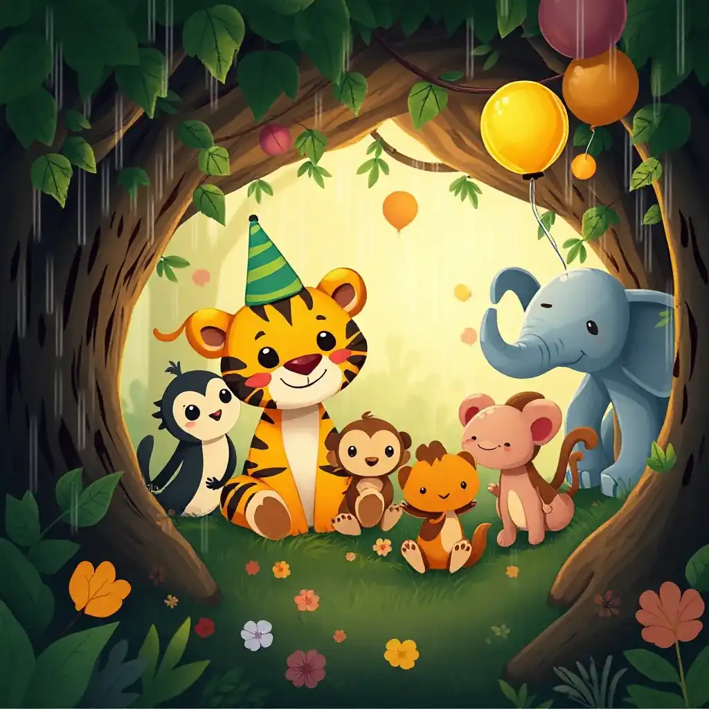 Little Tiger birthday party indoors with forest friends, leaf balloons, and cozy decor in rainy jungle