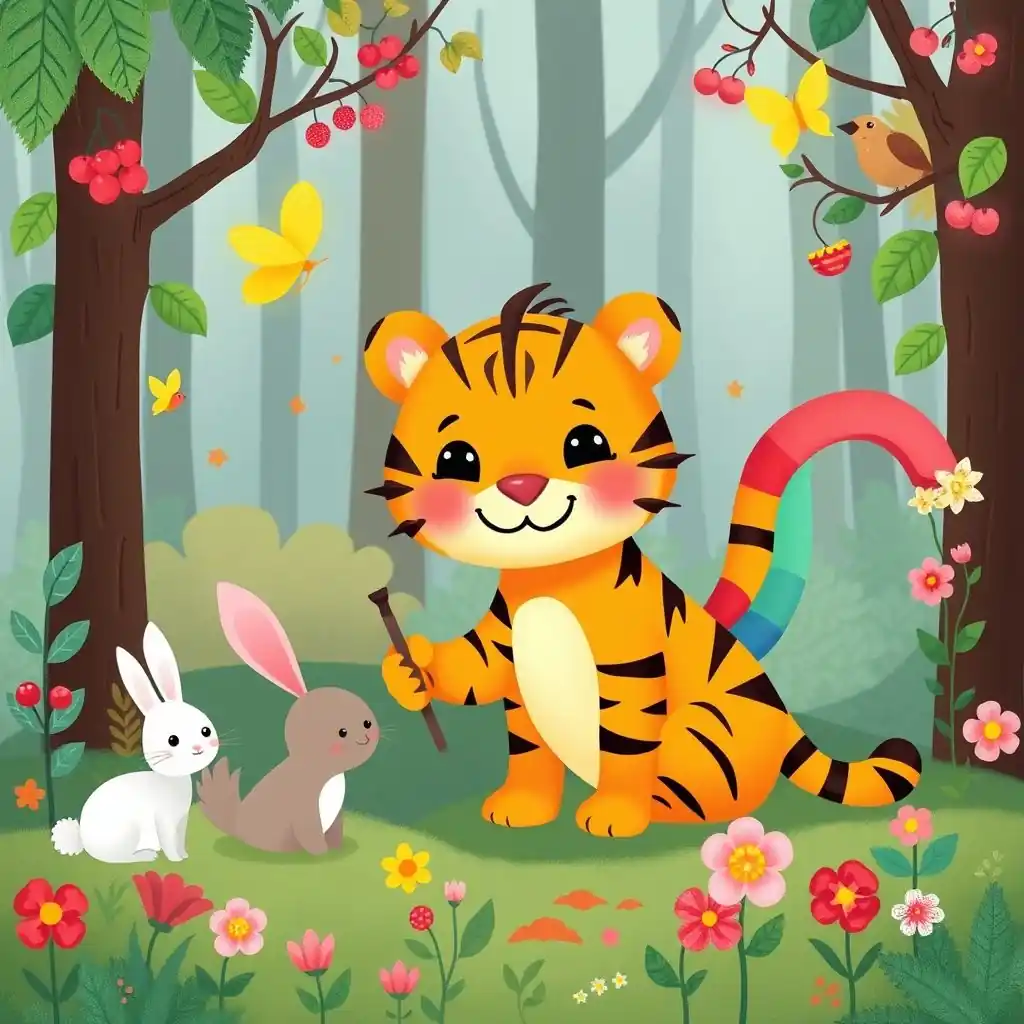 Little tiger with rainbow tail in forest painting with bunny, butterfly, and bird friends joyfully.