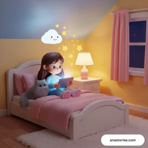 Cartoon girl and cat in bed with a tablet; a cloud and star around them, cozy bedtime scene