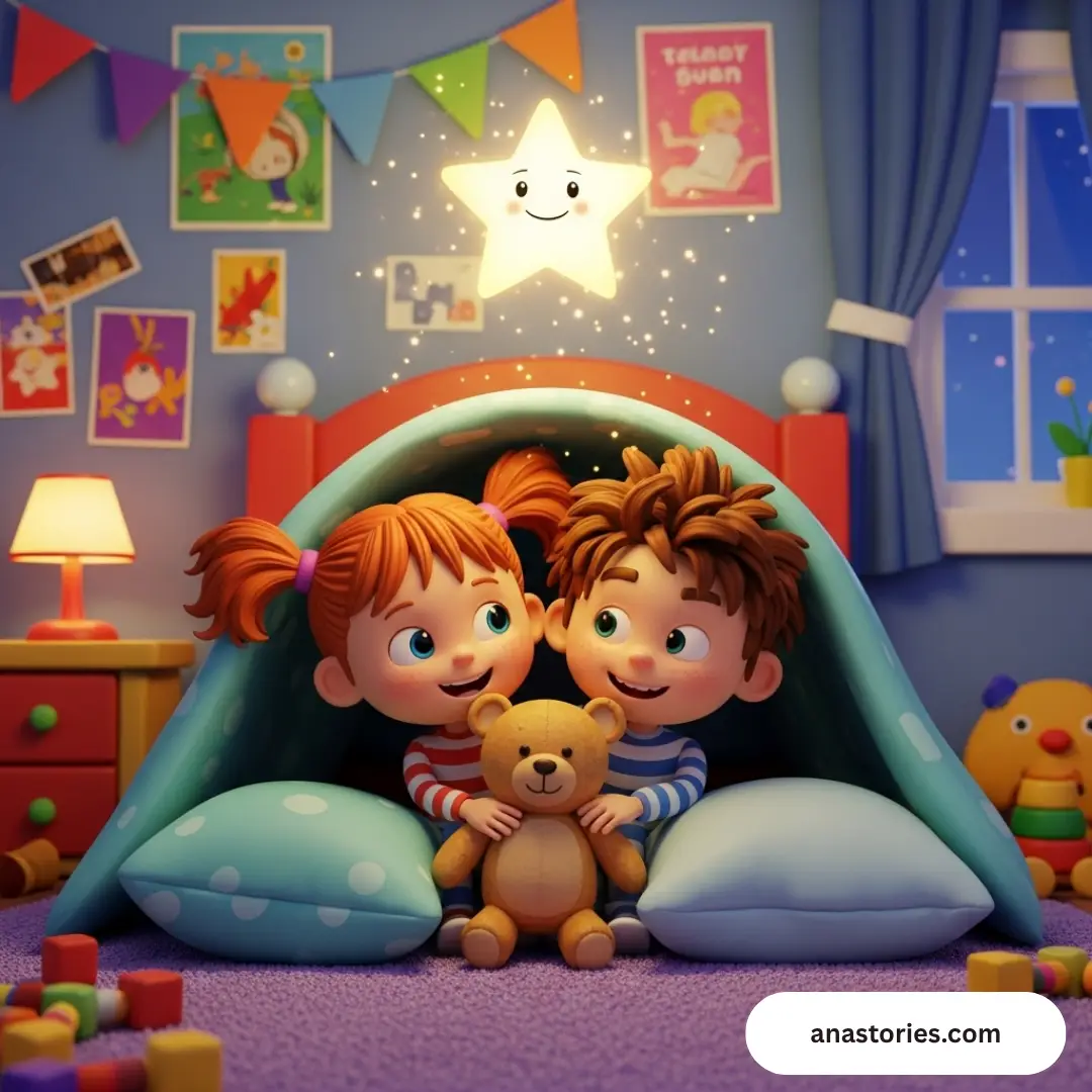 3D cartoon of two children and a teddy in a pillow fort under a glowing star, warm and whimsical
