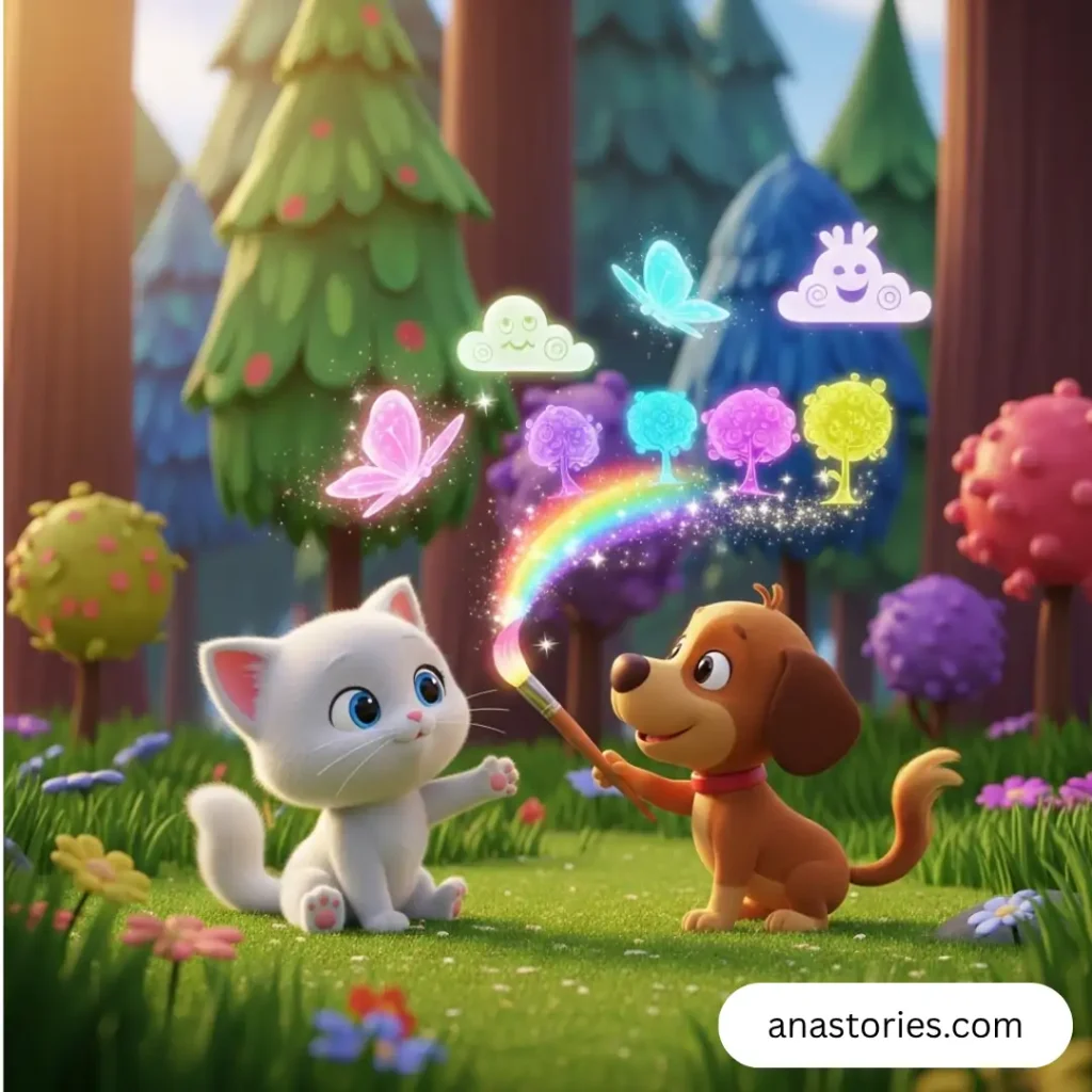 Whimsical illustration of a white cat with blue eyes and a brown dog painting magical scenes in a forest using a glowing rainbow brush. Friendship and creativity theme.