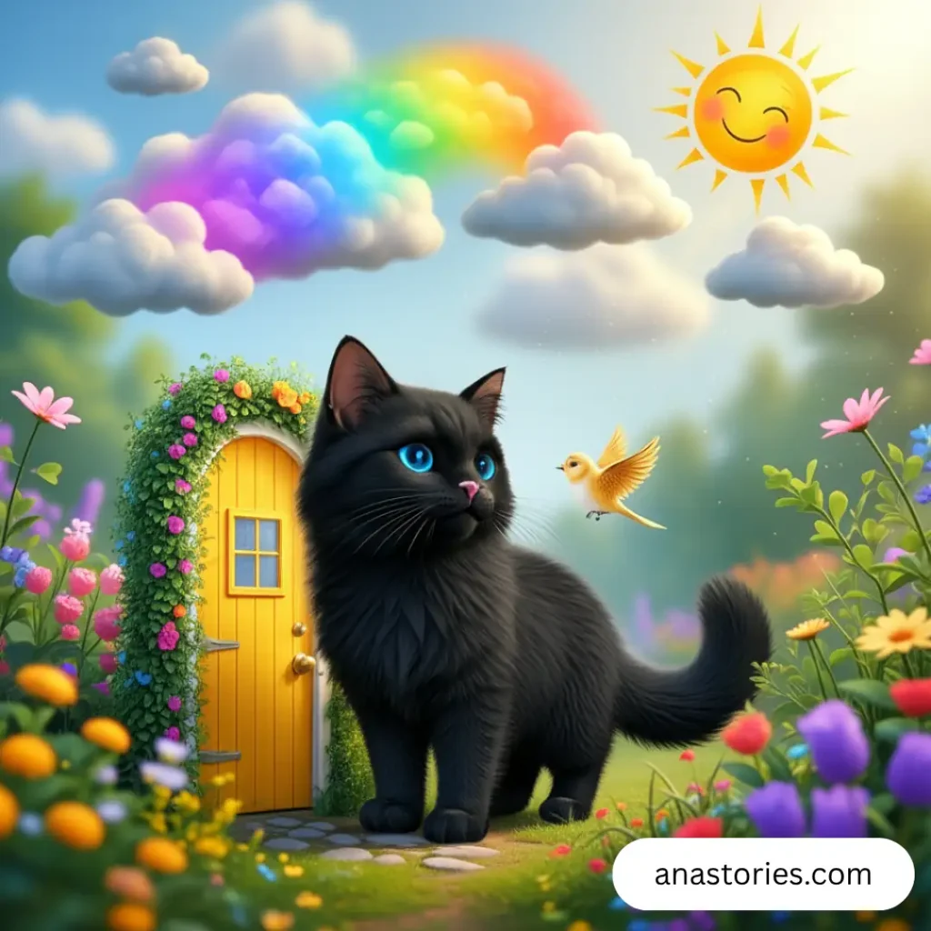 Calm black cat with bright blue eyes and long fur playing with golden bird near magical yellow door in garden
