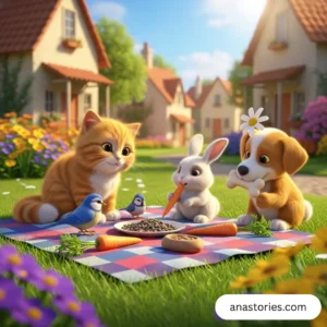 Hungry cat story: Milo the cat shares food with animal friends in a cheerful 3D cartoon village scene.