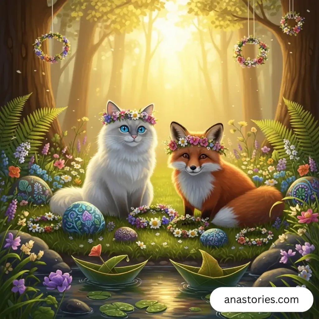 Whimsical forest scene with a white cat with blue eyes and a red fox creating a dream garden filled with flowers and painted stones.