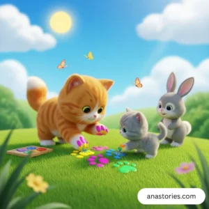 3D cartoon cat and kitten painting rainbow pawprints on grass, kids story about friendship and art