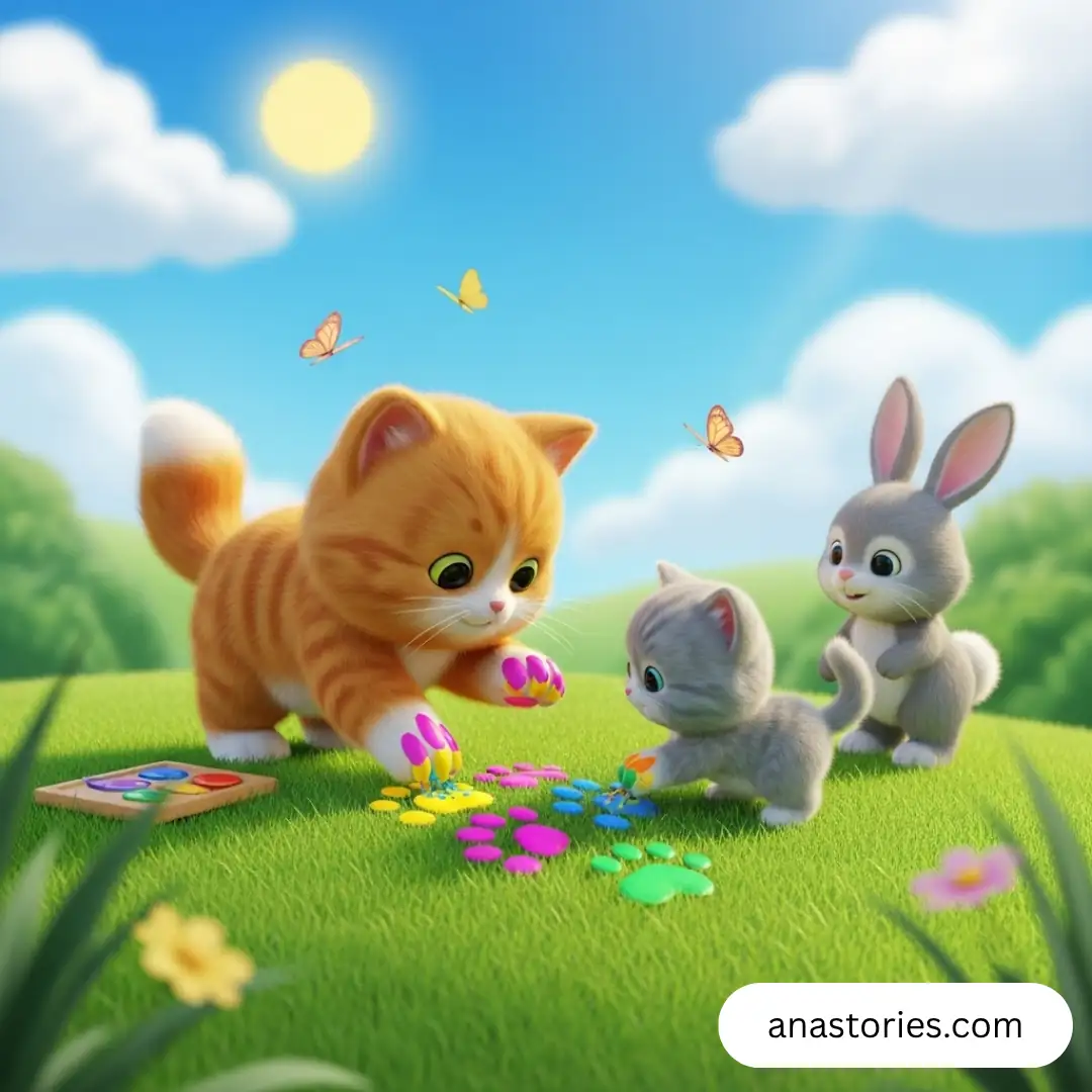 3D cartoon cat and kitten painting rainbow pawprints on grass, kids story about friendship and art