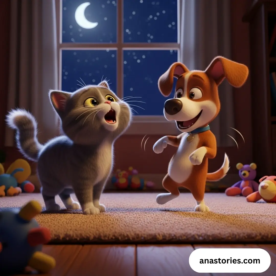 3D cartoon of cat and dog bedtime story with dancing dog and singing cat in cozy moonlit room