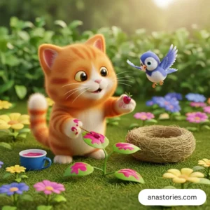 3D cartoon cat and bird friendship story image in garden with painting leaves and playing together